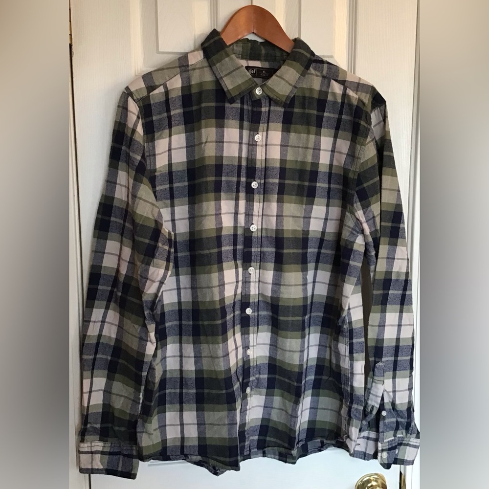 GEF France Men's Green & Navy Plaid Slim Fit Shirt. Size XL